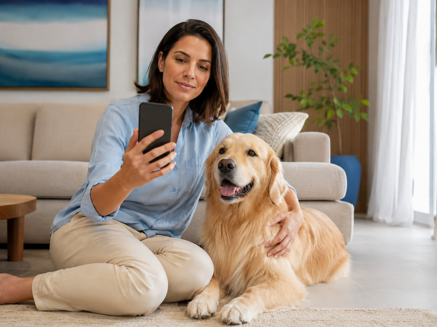 Tutora utilizando atendimento veterinário online com seu cachorro